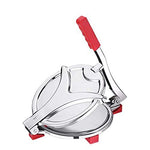 A stainless steel puri press with a red handle and red feet is shown closed on a white background.
