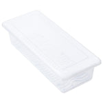 Plastic container with lid and drain plate, ideal for vegetable storage in the fridge.