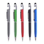 Five 3-in-1 stylus pens in grey, green, red, black, and blue, standing upright on a white background.