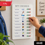A white chore board with a child's hand marking a task, with a red "1 Pc" banner and "4448" label.