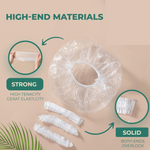 An infographic showing a large clear shower cap, three folded caps, and close-ups of material properties.