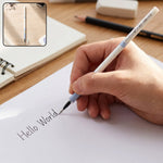 A hand writes "Hello World" on white paper with a white and blue pen refill; a small inset shows the refill's side.