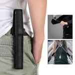 A black nylon carrying case for the baton is attached to a person's belt, with two smaller insets showing people holding