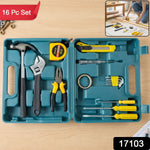 An open teal plastic toolbox with a 16 Pc Set label, showing a hammer, wrench, pliers, tape measure, and screwdrivers.