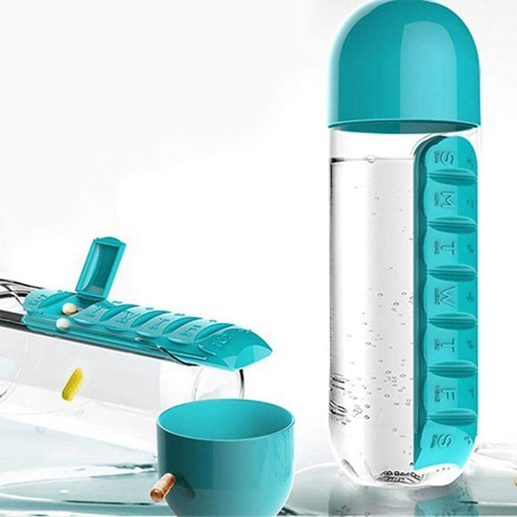 Medicine Vitamins 600ML Candy Color Pill Water Bottle Seven Daily Pill Box Organizer Portable Kit Combine Plastic Water Bottle Multicolor 1 PC