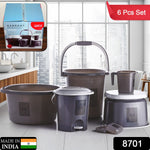 Colorful plastic mug and basin included in bathroom accessories set