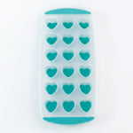 A clear and teal heart-shaped ice cube tray with 18 cavities is centered on a plain white background.