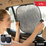 A woman installs a black foldable sunshade with suction cups on a car's side window, with a small inset showing two – view 2
