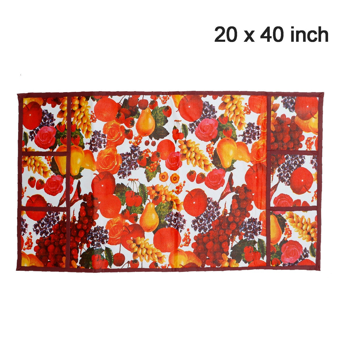 A flat lay of the fruit-patterned refrigerator top cover, displaying its 20 x 40 inch dimensions.