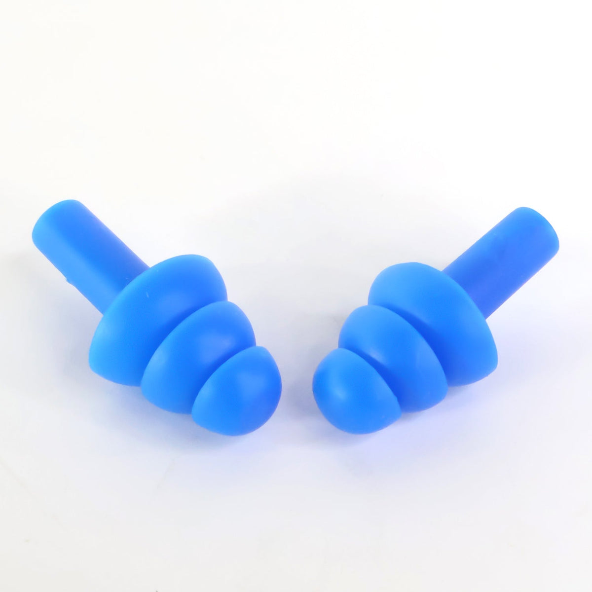 A pair of blue silicone earplugs with a triple-flange design are displayed side-by-side on a white background.