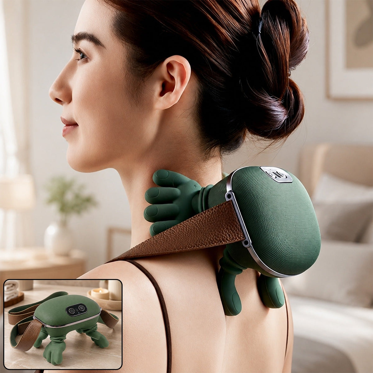 A woman with dark hair wearing a brown top has a green bionic massager on her upper back and neck. A smaller inset shows the