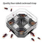 A clear hexagonal trap with a dark base and internal bait is surrounded by several brown cockroaches on a white background.