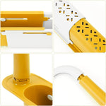 Overhead view of the sink rack containing various kitchen cleaning tools and accessories.