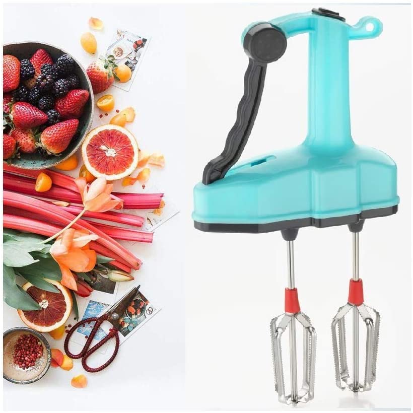 A turquoise manual hand blender with black handle and red-tipped whisks is shown next to a colorful arrangement of fresh