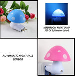 A collage showing a blue mushroom night light, a glowing blue mushroom light, and a pink mushroom night light in a socket.