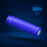 A blue lithium-ion battery floats diagonally against a dark blue background with digital icons.