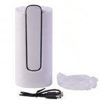 A white and gray foldable water dispenser is shown with its USB charging cable and a clear silicone hose on a white
