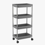 Stainless steel framed multi-tier rolling cart with practical plastic shelves.
