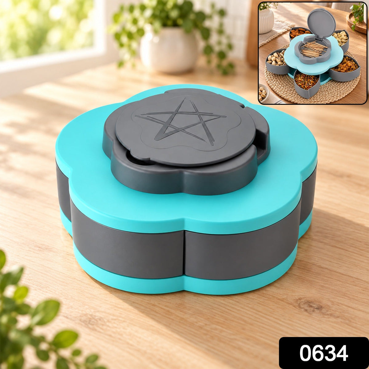 A hand rotates the light blue petal-shaped container, revealing five compartments filled with colorful dried fruit and
