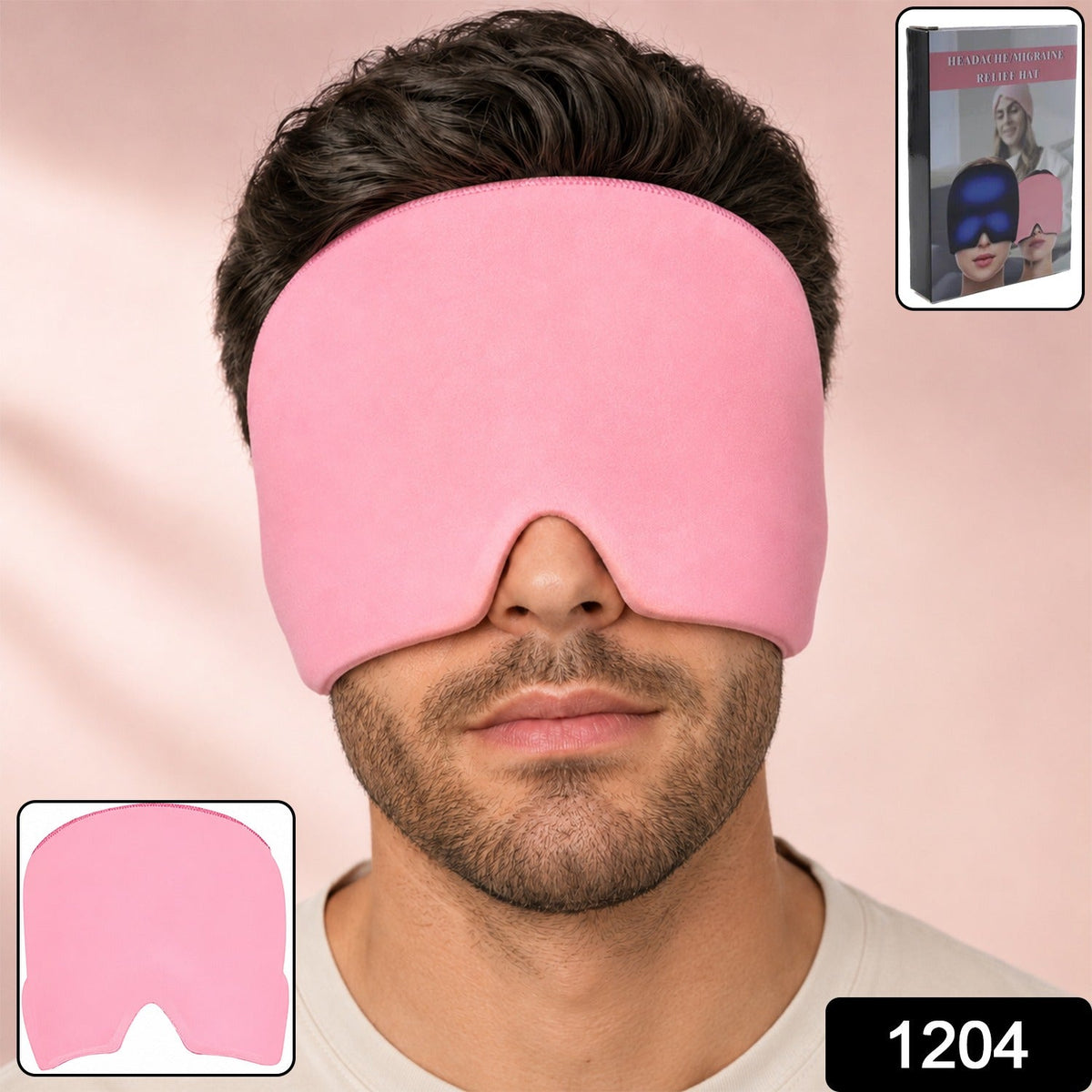 A man wearing a pink migraine relief cap over his eyes and forehead, with a product box in the top right corner.