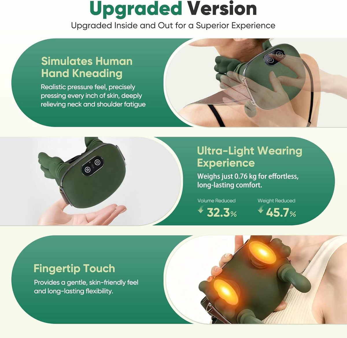 Neck & Shoulder Massager with Heat, Wireless Portable Shiatsu Back Massager, 4D Deep Tissue Kneading Electric Massage Machine, Human Hand Simulation for Neck Pain Relief, Muscle Relaxation Device for Home Office Travel (Green)