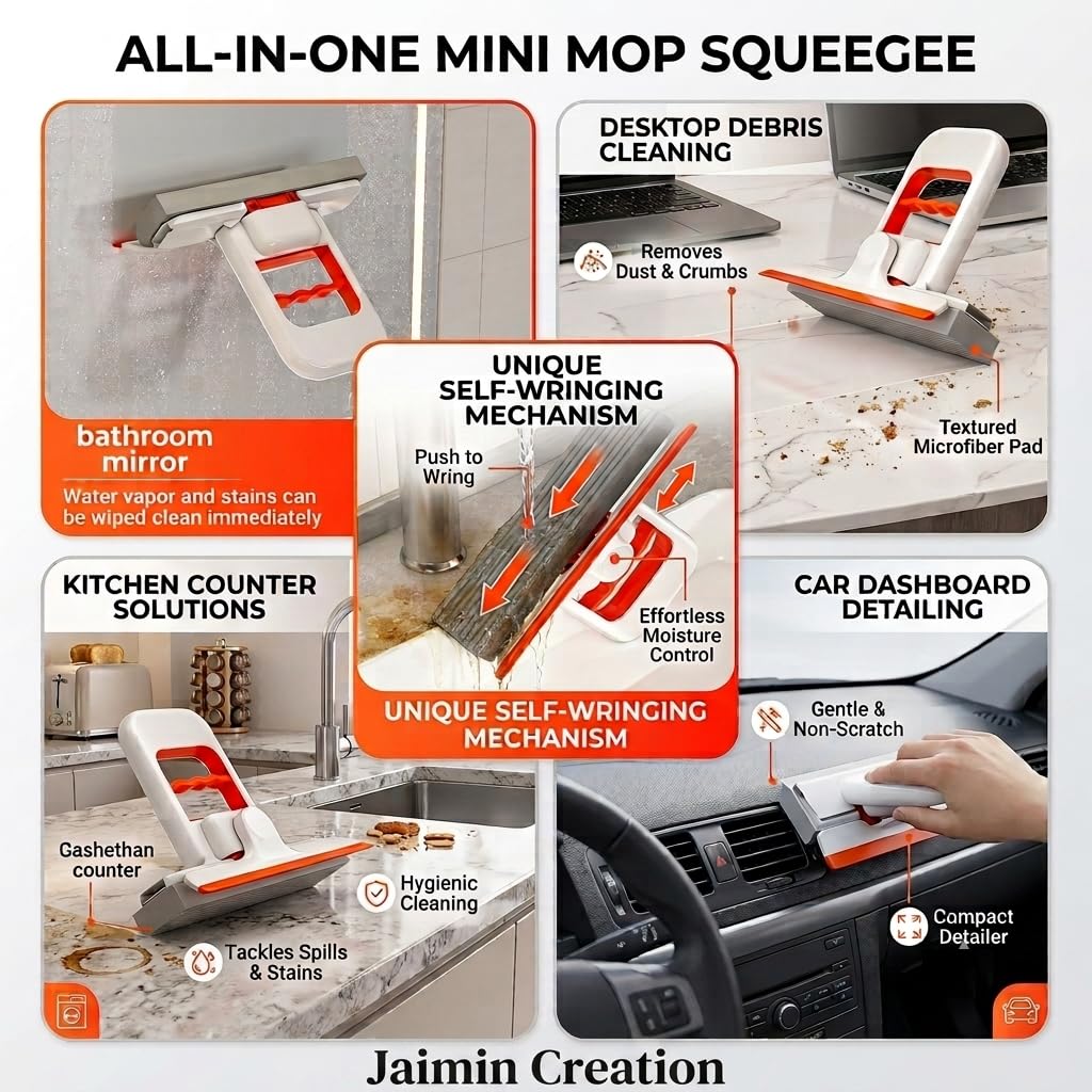 Mini Foldable Desktop Mop For Kitchen – Self‑Squeeze Sponge Mop for Wet & Dry Use – Portable Cleaning Tool – Kitchen, Bathroom, Glass, Living Room (1 Squeeze Handle + 2 Sponge Head)