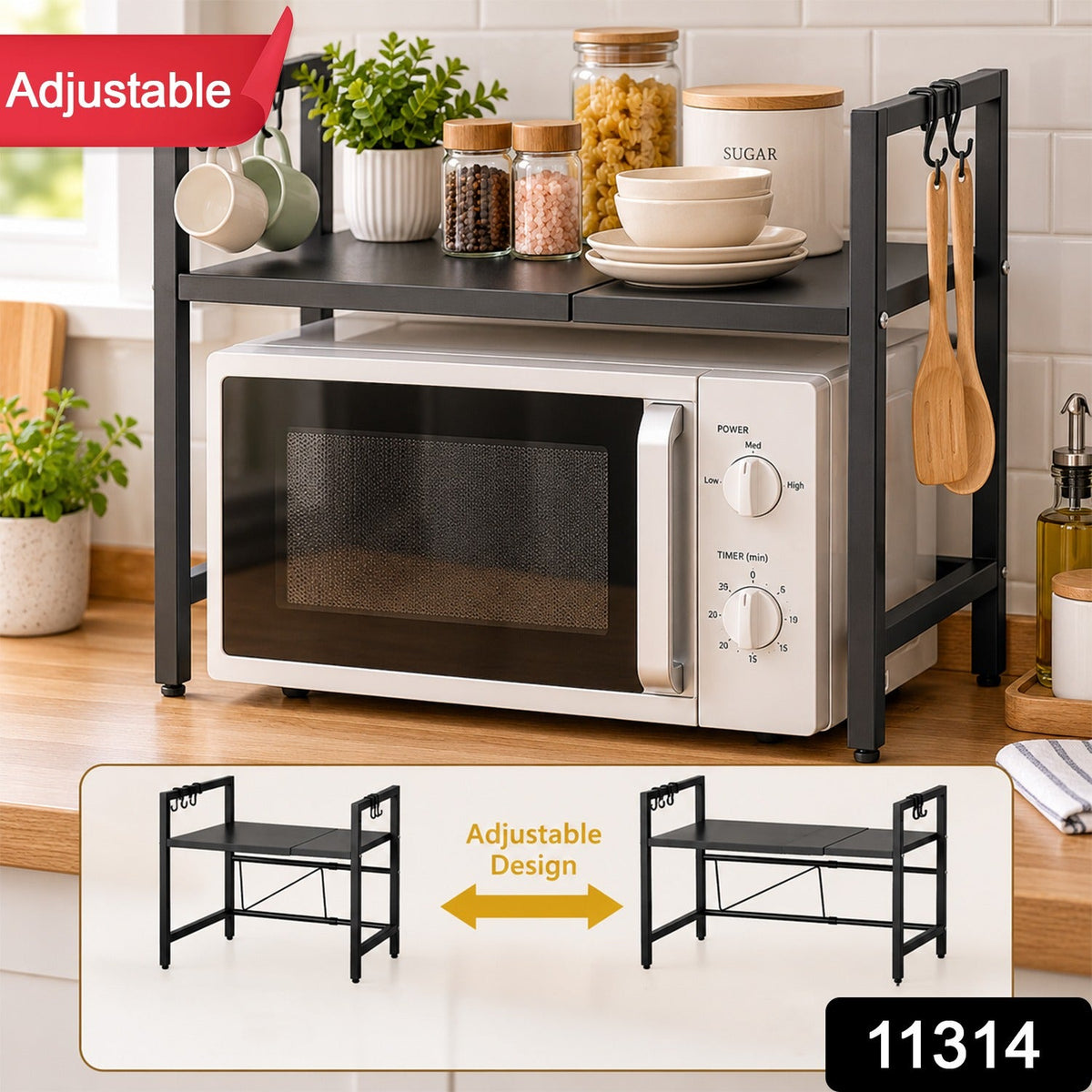 Black metal microwave oven rack with a white microwave, mugs, and spices on a wooden counter, with an "Adjustable" banner.