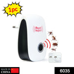 A white and black pest repeller with a two-prong plug is shown with illustrations of various insects and a spider.