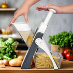 Efficient hand press chopper with built-in blades.