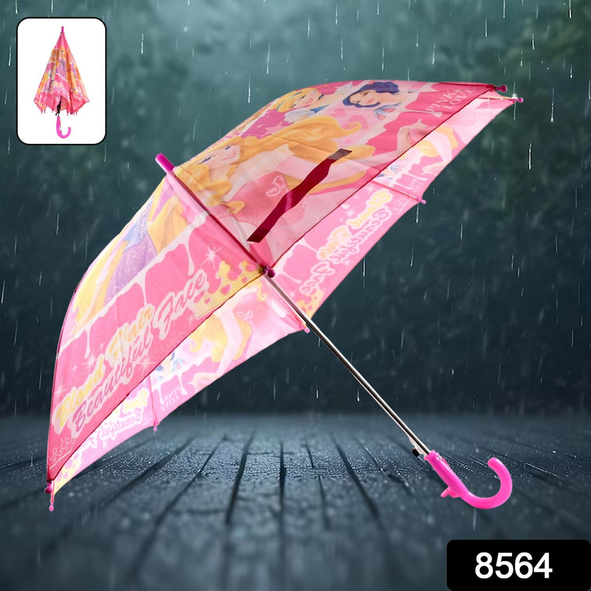 An open pink Disney Princess umbrella with a pink handle sits on a wet, dark surface.