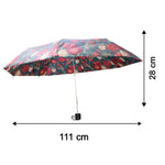An open floral umbrella with red and white flowers on a dark green canopy is shown with dimensions of 28 cm height and 111