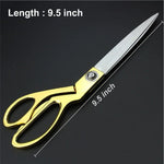 Side view of the 9.5-inch golden tailoring scissor, highlighting its length.