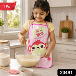 A young girl in a pink monkey apron smiles while whisking batter in a glass bowl in a kitchen, with a red "1 Pc" label and a