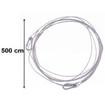 A silver stainless steel wire rope with two carabiner hooks is shown with a 500 cm measurement indicator.