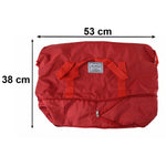 Side view of red travel tote bag showing size and handles