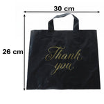 A black plastic 'Thank You' bag with gold script is shown with overlaid dimensions of 30 cm by 26 cm.