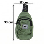 An olive green canvas sling bag with dimensions of 33 cm length and 17 cm width, shown on a white background.