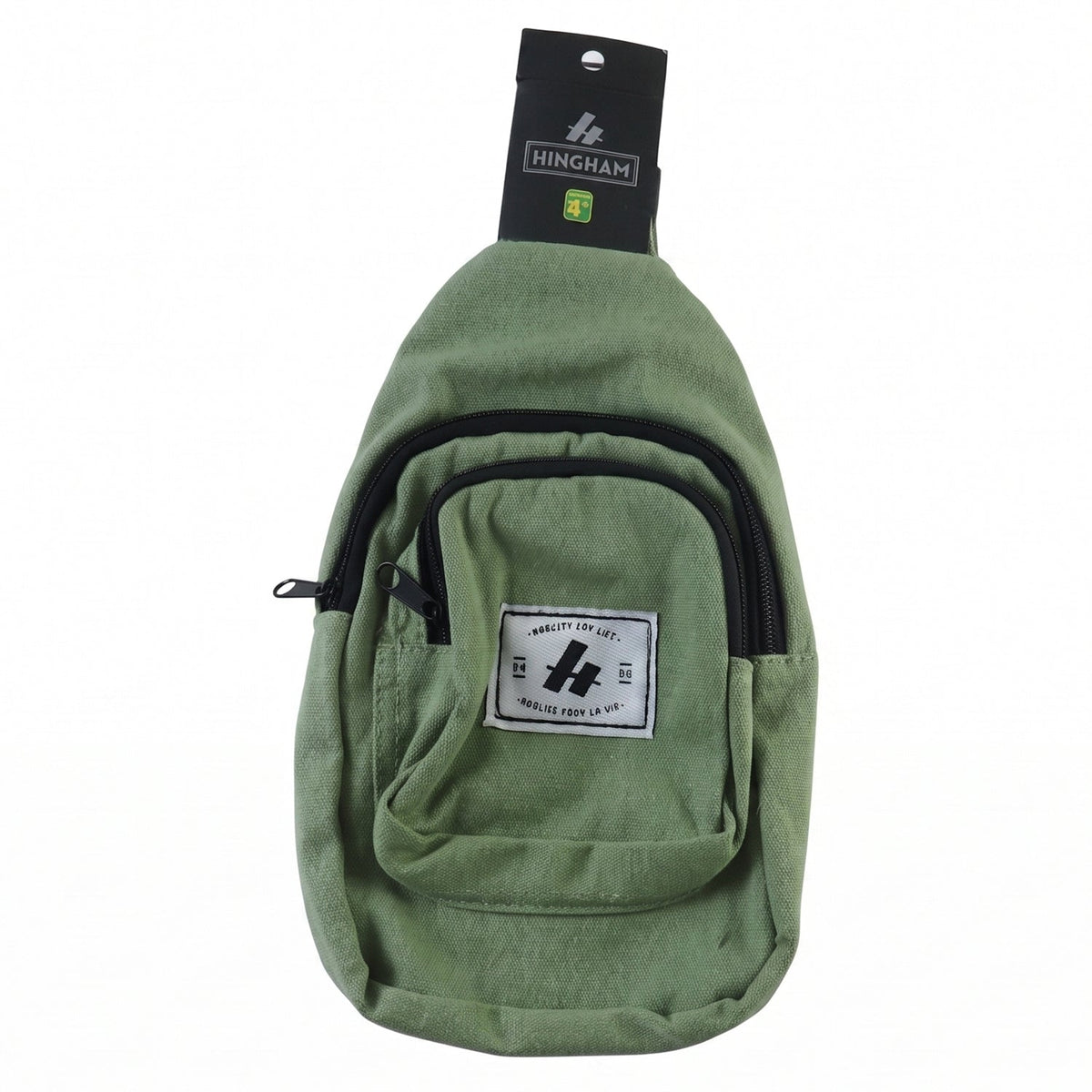 An olive green canvas sling bag with a front pocket, black zippers, and a Hingham brand tag on a white background.