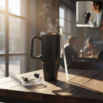 Black insulated travel coffee mug with handle and lid