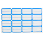 A sheet of blue-bordered rectangular label stickers with blank white centers is shown against a white background.