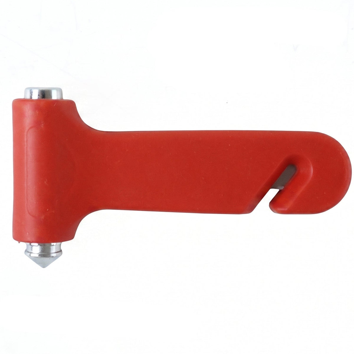 A red car safety hammer with a silver window breaker tip and a seatbelt cutter is shown on a white background.