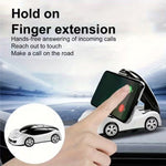 A hand interacts with a smartphone in a white car-shaped holder on a dashboard, with text about hands-free calls.