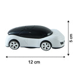 A white and black car-shaped phone holder with chrome wheels is shown with dimensions of 12 cm and 5 cm.