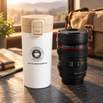 Travel Coffee Mug Combo – Leak-Resistant Coffee Tumbler & Camera Lens Design Mug