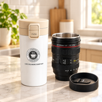 Travel Coffee Mug Combo – Leak-Resistant Coffee Tumbler & Camera Lens Design Mug