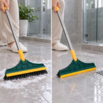 A split image shows a person's hands holding a green and yellow brush scrubbing a foamy floor on the left, and wiping water