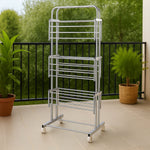 Heavy-duty stainless steel clothes drying rack with foldable design and caster wheels