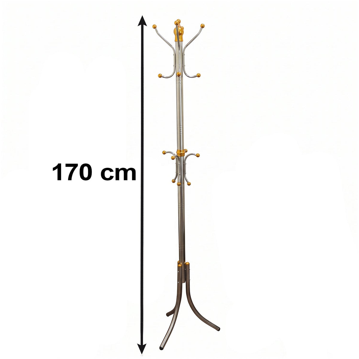 A silver-colored metal clothes hanger stand with gold accents and multiple hooks is shown against a white background with a