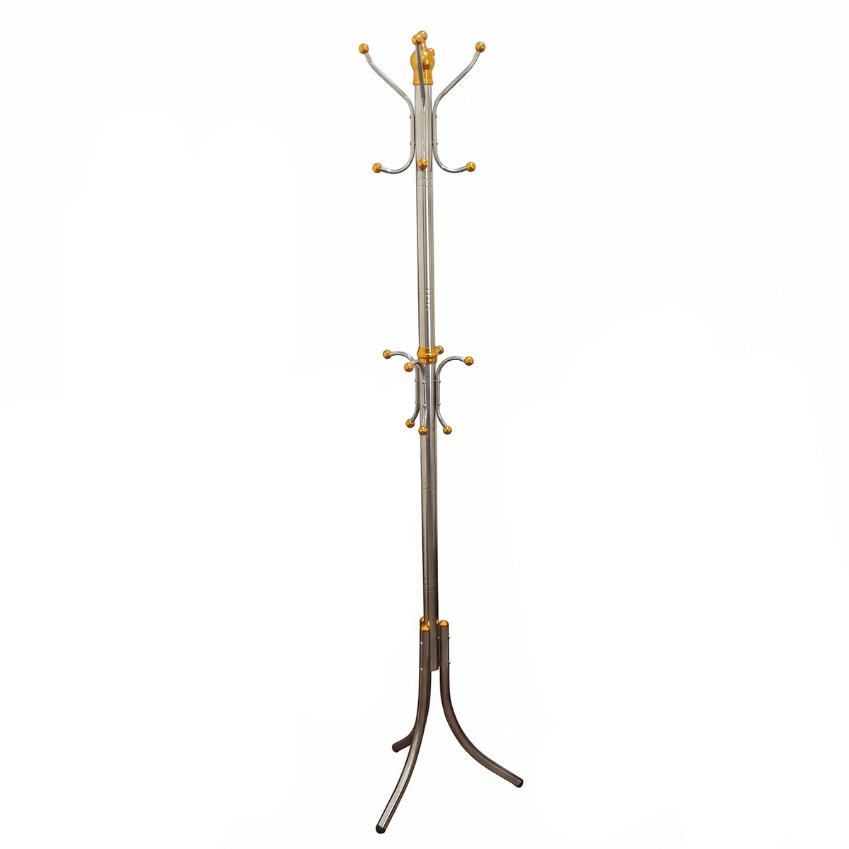 A standalone silver-colored metal clothes hanger stand with gold accents and multiple hooks is centered against a plain