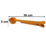 An orange plastic scoop and clip is shown with dimensions: 16 cm length and 3 cm scoop width.